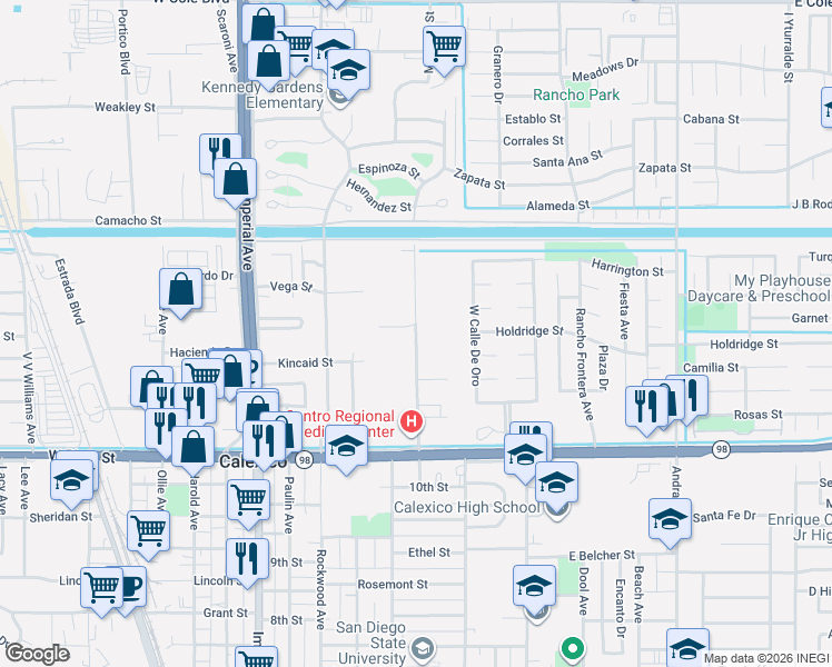 map of restaurants, bars, coffee shops, grocery stores, and more near 830-1068 C N Perry Avenue in Calexico