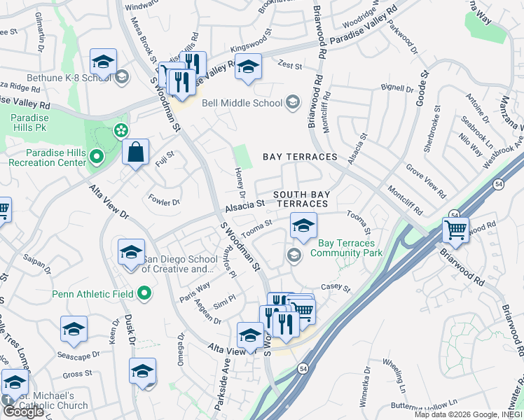 map of restaurants, bars, coffee shops, grocery stores, and more near 7009 Gunzan Street in San Diego