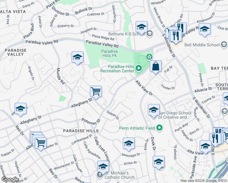map of restaurants, bars, coffee shops, grocery stores, and more near 6424 Potomac Street in San Diego
