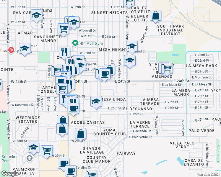 map of restaurants, bars, coffee shops, grocery stores, and more near 181 East 24th Street in Yuma