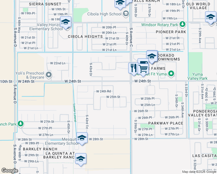 map of restaurants, bars, coffee shops, grocery stores, and more near 4178 West 24th Place in Yuma