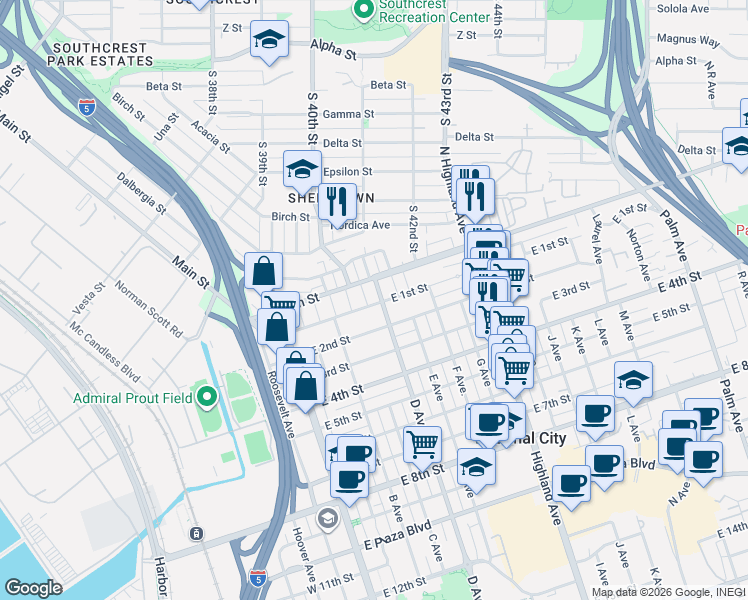 map of restaurants, bars, coffee shops, grocery stores, and more near 415 East 1st Street in National City