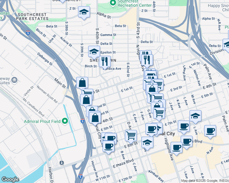 map of restaurants, bars, coffee shops, grocery stores, and more near 415 East 1st Street in National City