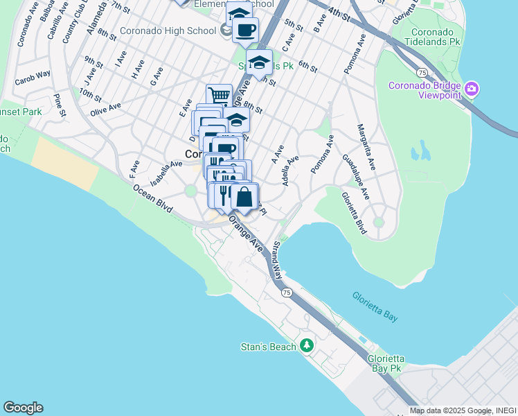 map of restaurants, bars, coffee shops, grocery stores, and more near in San Diego
