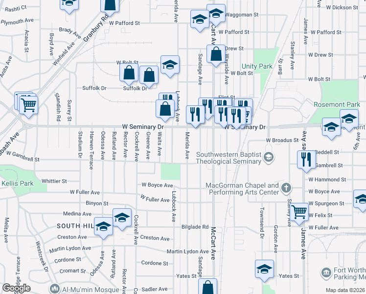 map of restaurants, bars, coffee shops, grocery stores, and more near 4325 Lubbock Avenue in Fort Worth