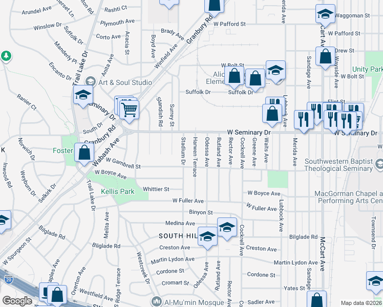 map of restaurants, bars, coffee shops, grocery stores, and more near 4325 Harwen Terrace in Fort Worth