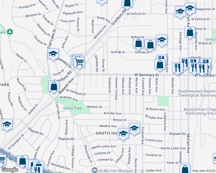 map of restaurants, bars, coffee shops, grocery stores, and more near 4320 Stadium Drive in Fort Worth
