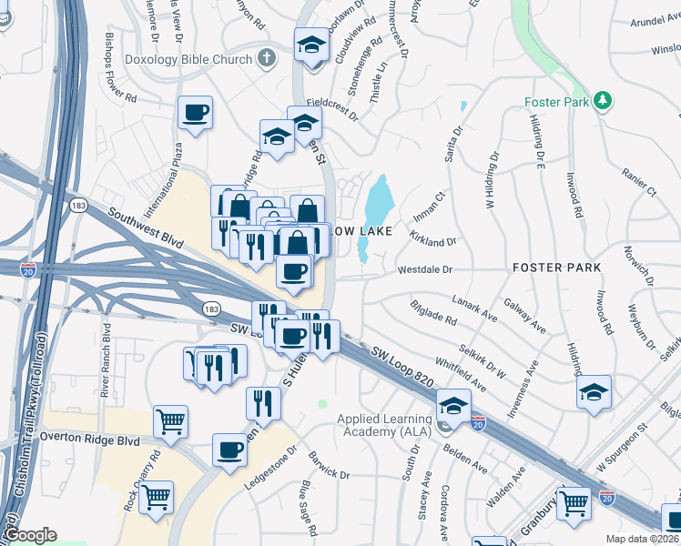 map of restaurants, bars, coffee shops, grocery stores, and more near 4422 Westdale Court in Fort Worth