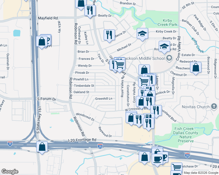 map of restaurants, bars, coffee shops, grocery stores, and more near 705 Pinehill Drive in Grand Prairie