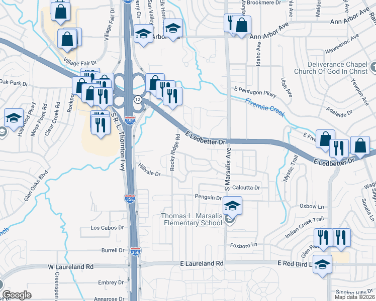 map of restaurants, bars, coffee shops, grocery stores, and more near 503 Woodacre Drive in Dallas