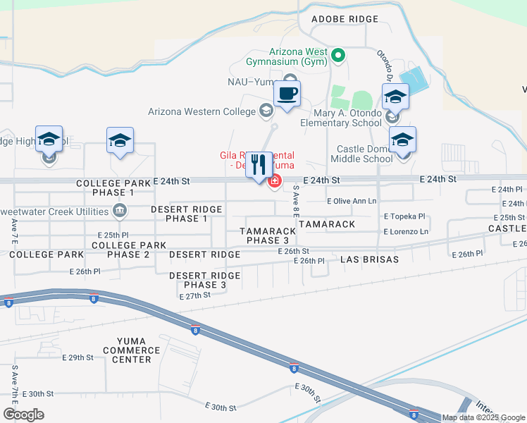 map of restaurants, bars, coffee shops, grocery stores, and more near 7795 East Olive Ann Lane in Yuma