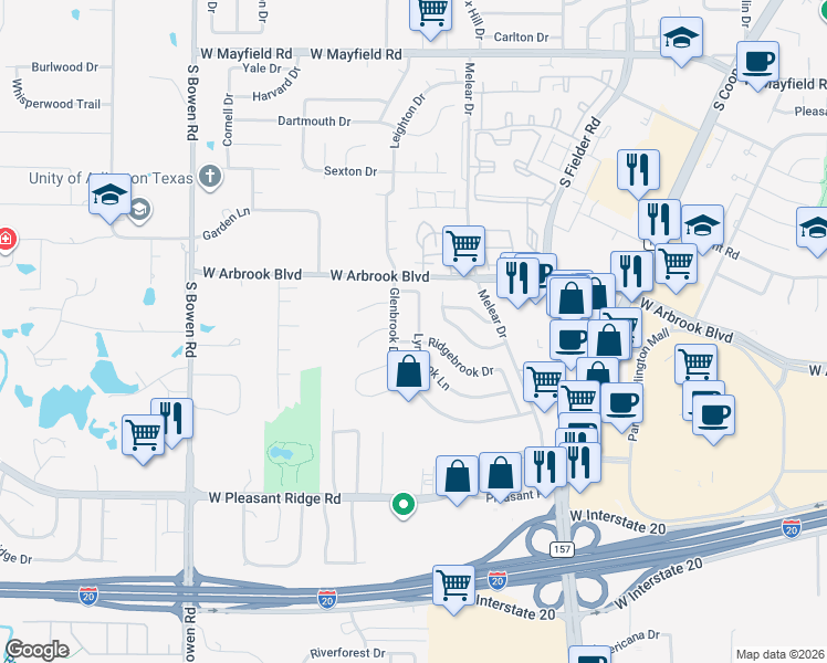 map of restaurants, bars, coffee shops, grocery stores, and more near 3828 Lynbrook Lane in Arlington