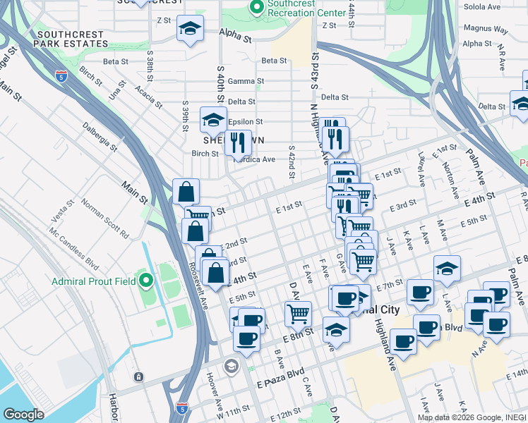 map of restaurants, bars, coffee shops, grocery stores, and more near 415 East 1st Street in National City