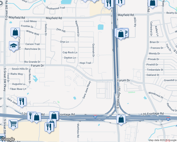 map of restaurants, bars, coffee shops, grocery stores, and more near 2100 West Interstate 20 in Grand Prairie