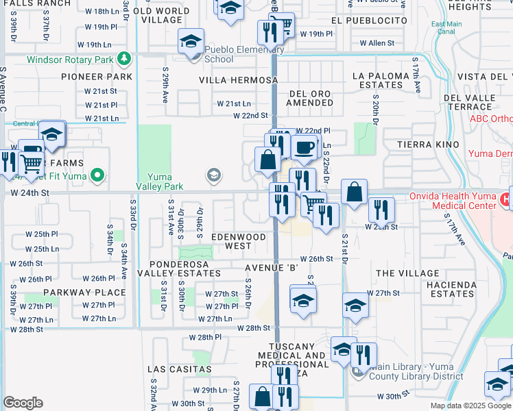 map of restaurants, bars, coffee shops, grocery stores, and more near 2575 West 24th Street in Yuma