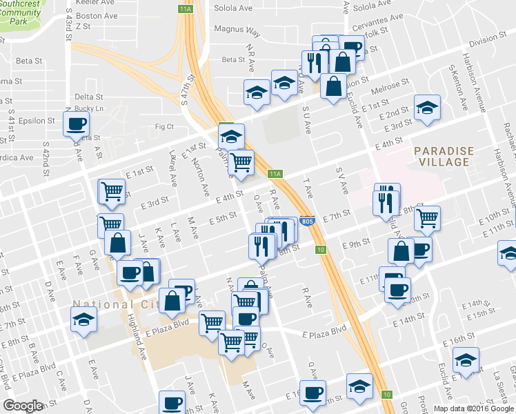 map of restaurants, bars, coffee shops, grocery stores, and more near 1728 East 5th Street in National City