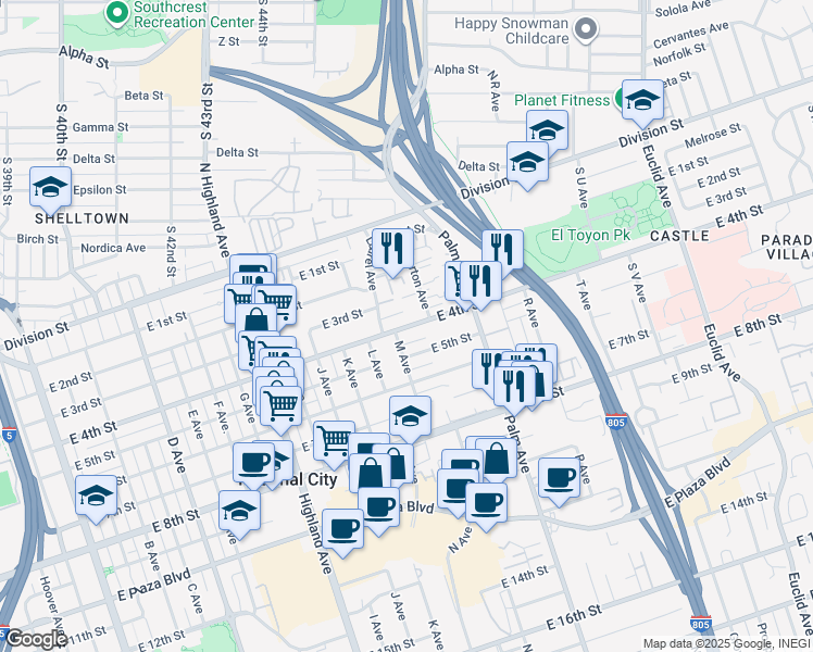 map of restaurants, bars, coffee shops, grocery stores, and more near 1333 East 4th Street in National City