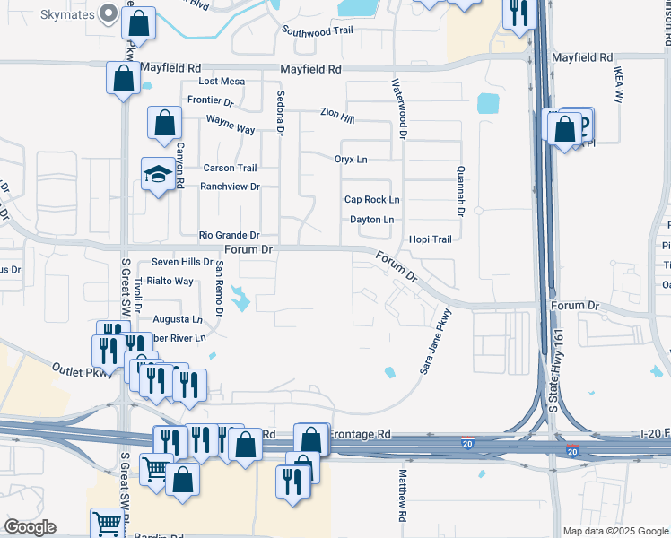 map of restaurants, bars, coffee shops, grocery stores, and more near Forum Drive in Grand Prairie