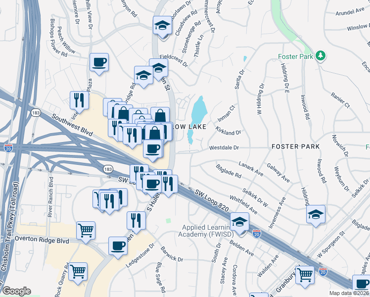 map of restaurants, bars, coffee shops, grocery stores, and more near 4251 Clear Lake Circle in Fort Worth