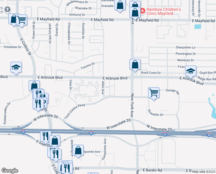 map of restaurants, bars, coffee shops, grocery stores, and more near 1707 Trinity Height Drive in Arlington