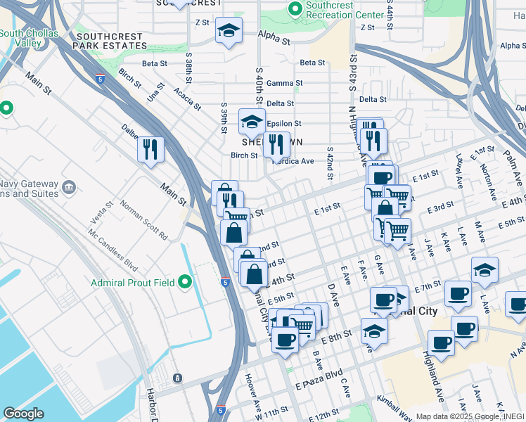 map of restaurants, bars, coffee shops, grocery stores, and more near 3954 Division Street in National City