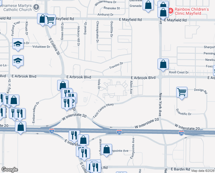 map of restaurants, bars, coffee shops, grocery stores, and more near 1409 Nandina Drive in Arlington