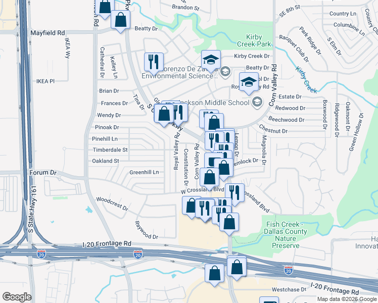 map of restaurants, bars, coffee shops, grocery stores, and more near 3707 Constitution Drive in Grand Prairie