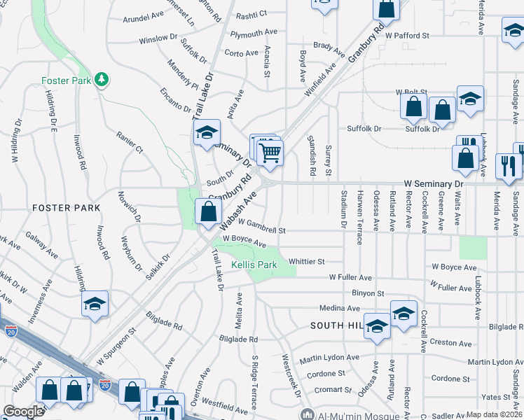 map of restaurants, bars, coffee shops, grocery stores, and more near 4320 Rogers Avenue in Fort Worth