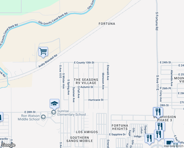 map of restaurants, bars, coffee shops, grocery stores, and more near 10365 South Cyclone Avenue in Yuma