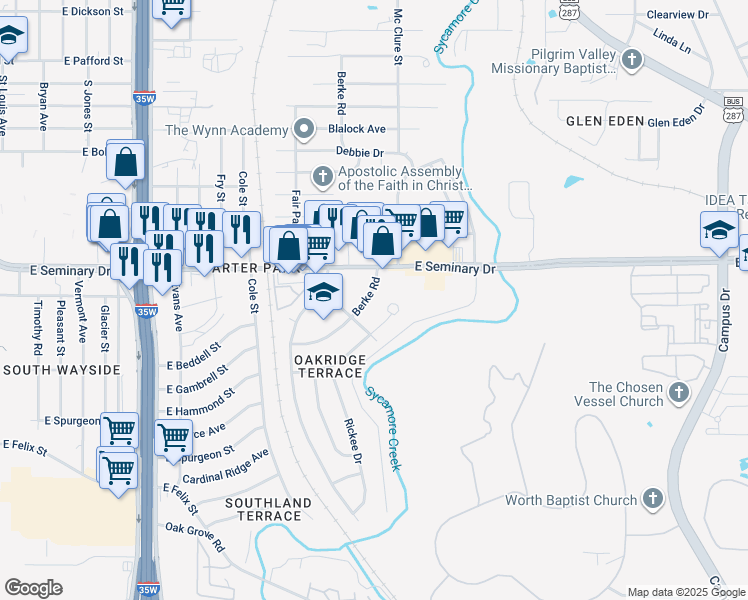map of restaurants, bars, coffee shops, grocery stores, and more near 4379 Berke Road in Fort Worth
