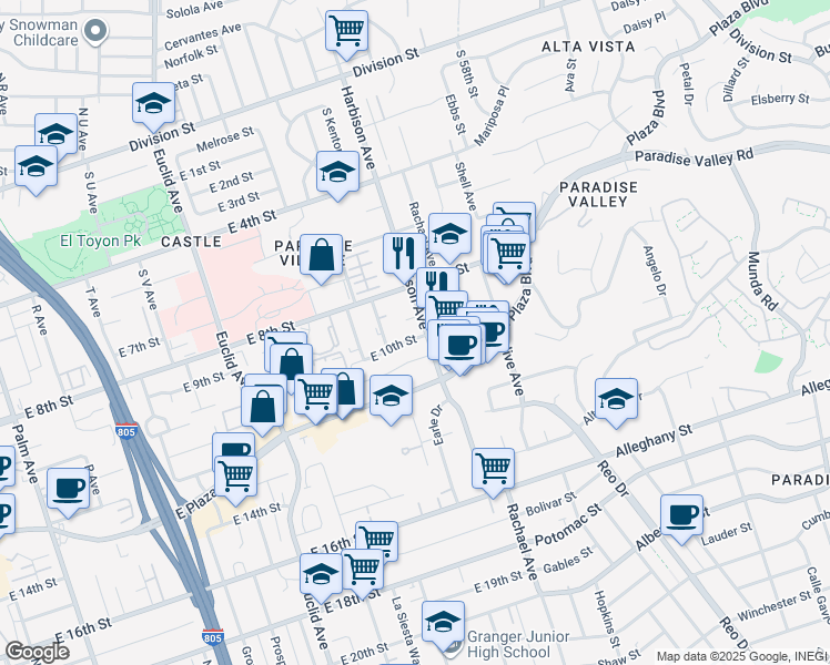 map of restaurants, bars, coffee shops, grocery stores, and more near 3030 East 9th Street in National City