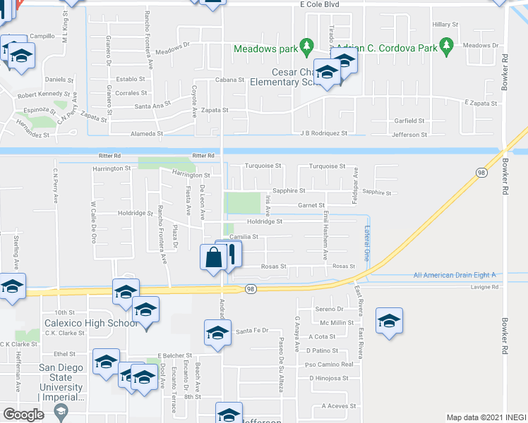 map of restaurants, bars, coffee shops, grocery stores, and more near 1245 Iris Avenue in Calexico