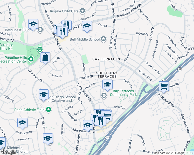 map of restaurants, bars, coffee shops, grocery stores, and more near 7044 Deerhurst Court in San Diego