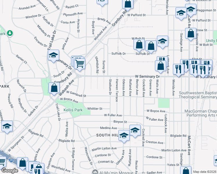 map of restaurants, bars, coffee shops, grocery stores, and more near 4320 Stadium Drive in Fort Worth