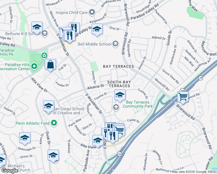 map of restaurants, bars, coffee shops, grocery stores, and more near 7044 Deerhurst Court in San Diego