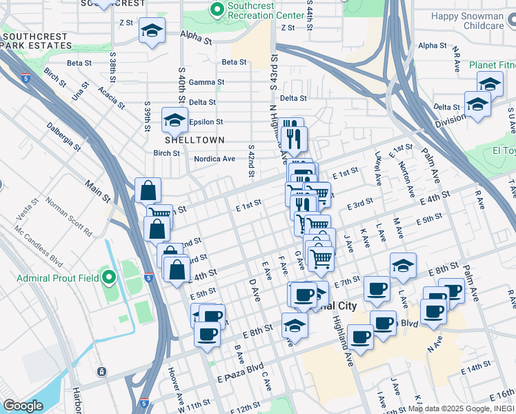 map of restaurants, bars, coffee shops, grocery stores, and more near 530 East 1st Street in National City