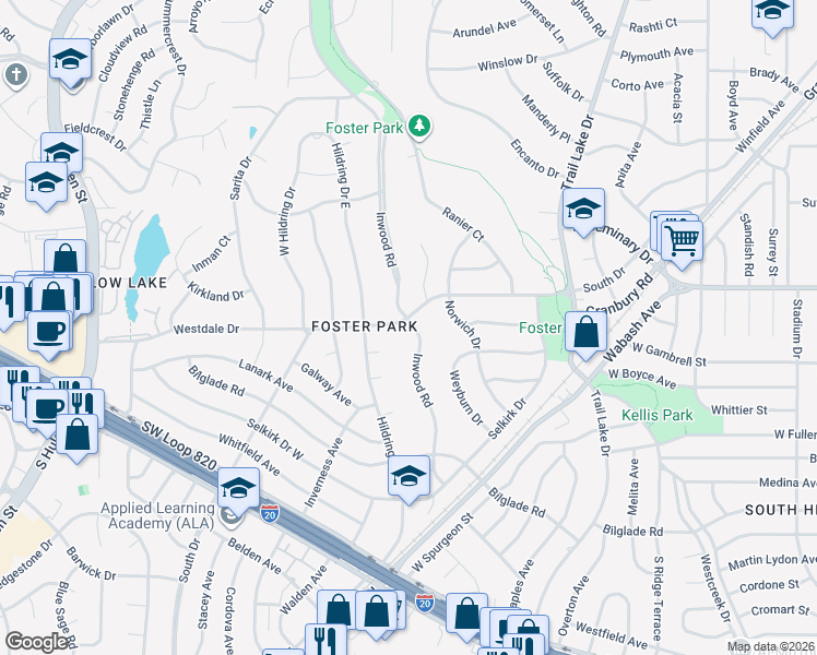 map of restaurants, bars, coffee shops, grocery stores, and more near 4300 Inwood Road in Fort Worth