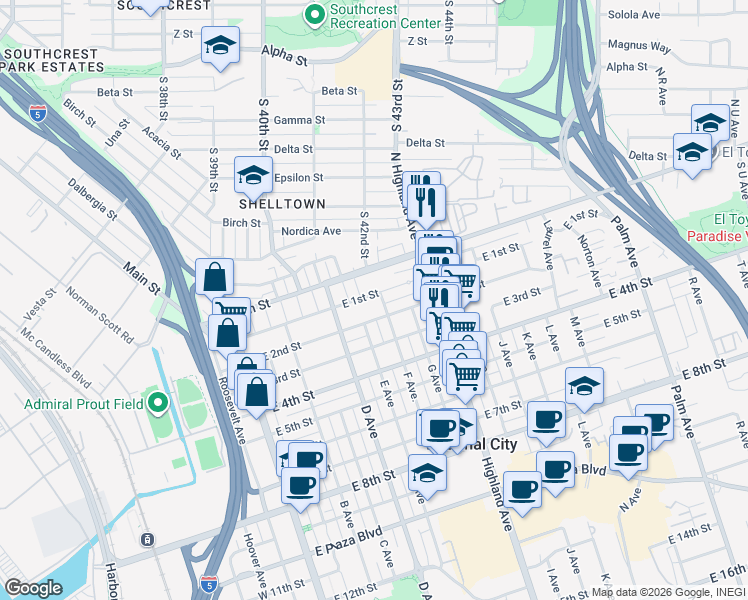 map of restaurants, bars, coffee shops, grocery stores, and more near 530 East 1st Street in National City