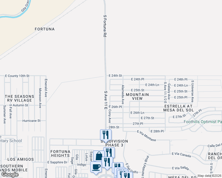map of restaurants, bars, coffee shops, grocery stores, and more near 10178 Cony Avenue in Yuma