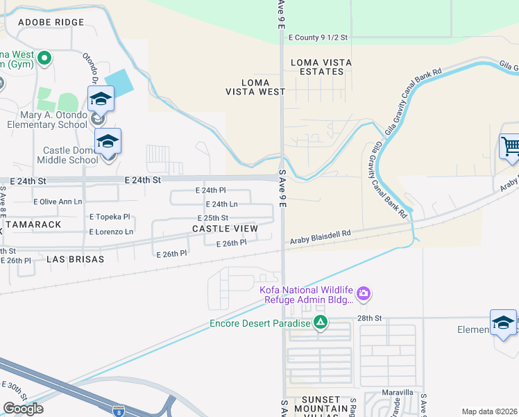 map of restaurants, bars, coffee shops, grocery stores, and more near 8921 East 24th Lane in Yuma