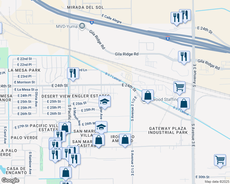 map of restaurants, bars, coffee shops, grocery stores, and more near 2424 South Kathleen Avenue in Yuma
