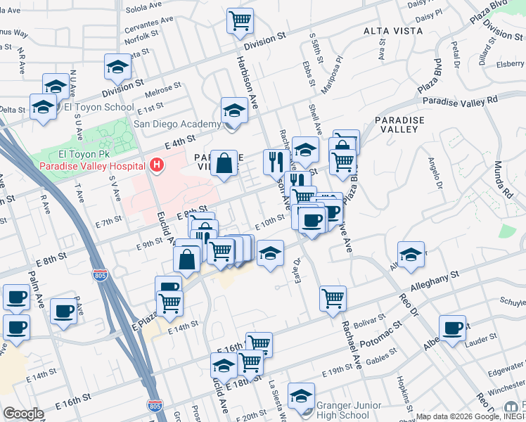 map of restaurants, bars, coffee shops, grocery stores, and more near 900 Pleasant Lane in National City