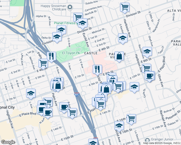 map of restaurants, bars, coffee shops, grocery stores, and more near 2325 East 7th Street in National City