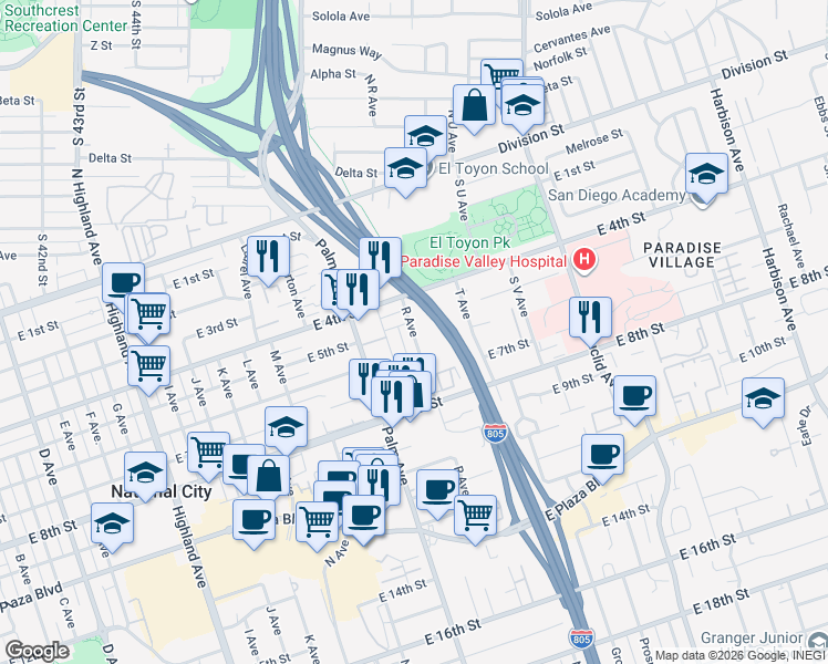 map of restaurants, bars, coffee shops, grocery stores, and more near 1728 East 5th Street in National City