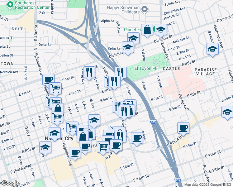 map of restaurants, bars, coffee shops, grocery stores, and more near 433 Palm Avenue in National City