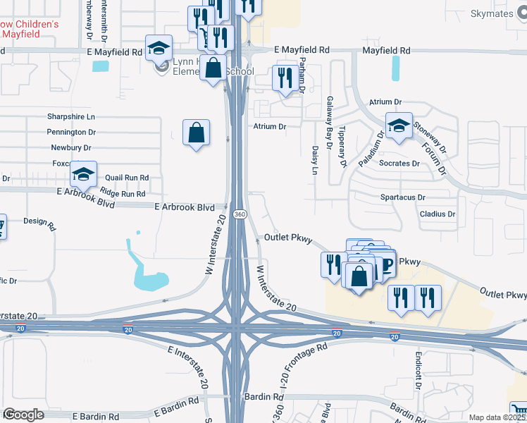 map of restaurants, bars, coffee shops, grocery stores, and more near 3090 Outlet Parkway in Grand Prairie