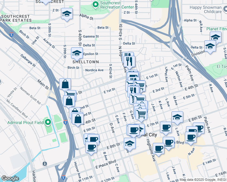 map of restaurants, bars, coffee shops, grocery stores, and more near 530 East 1st Street in National City