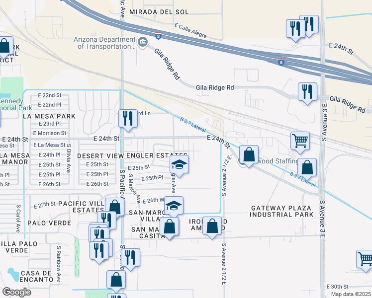 map of restaurants, bars, coffee shops, grocery stores, and more near 2436 South Louise Avenue in Yuma