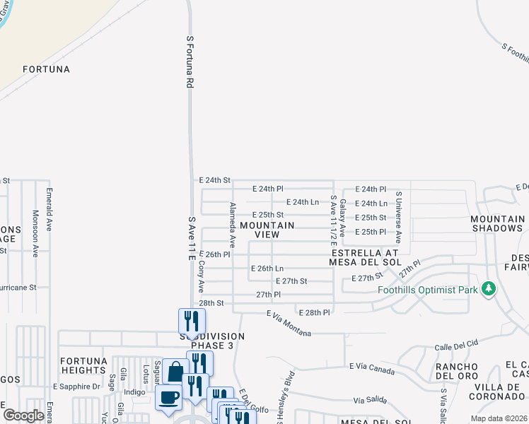 map of restaurants, bars, coffee shops, grocery stores, and more near 11321 East 24th Lane in Yuma