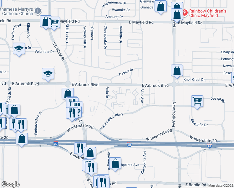 map of restaurants, bars, coffee shops, grocery stores, and more near 1441 Nandina Drive in Arlington